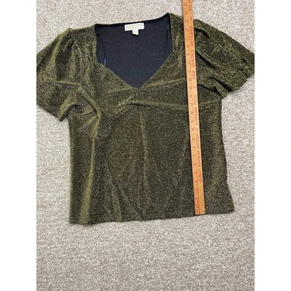 Michael Kors Womens L Glitter Sparkle Gold MK Short Sleeve T Shirt V-Neck‎